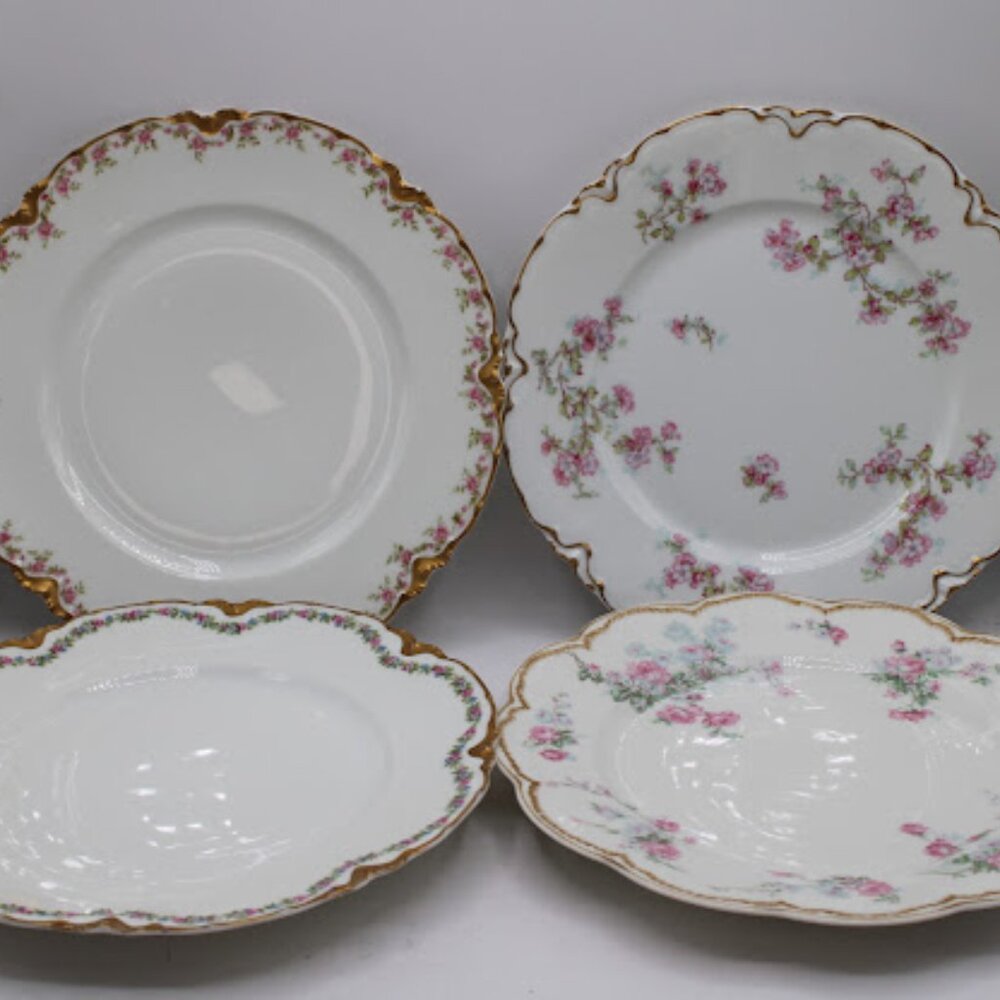 Vintage Haviland France Limoges 4 Dinner Plates 9.5" Different Patterns Gold Rim